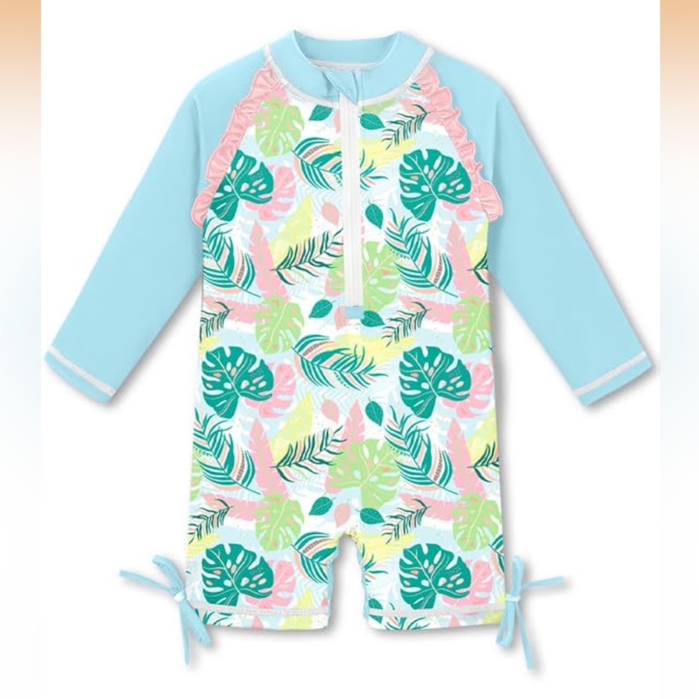 Tropical Leaf Print Kids Swimwear